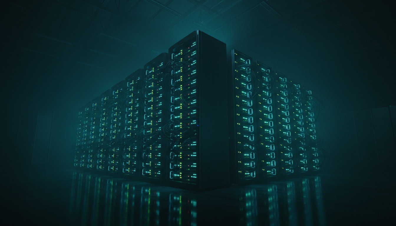 A rack of H100 GPUs glowing in a dark data centre